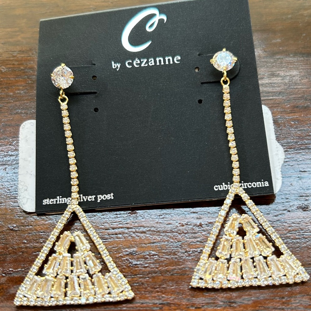 C by Cezanne Gold Cubic Zirconia Drop Triangle Earrings Sterling Silver Posts